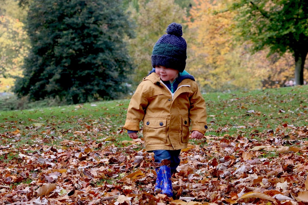 little child with rain outfit, walking in the dry fall leaves in a wooded area, symbolizing the power behind inner child work