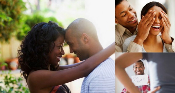 three images showing an african american couple cuddling, hugging, and surprising each other with love notes, showing the beauty of being vulnerable with someone